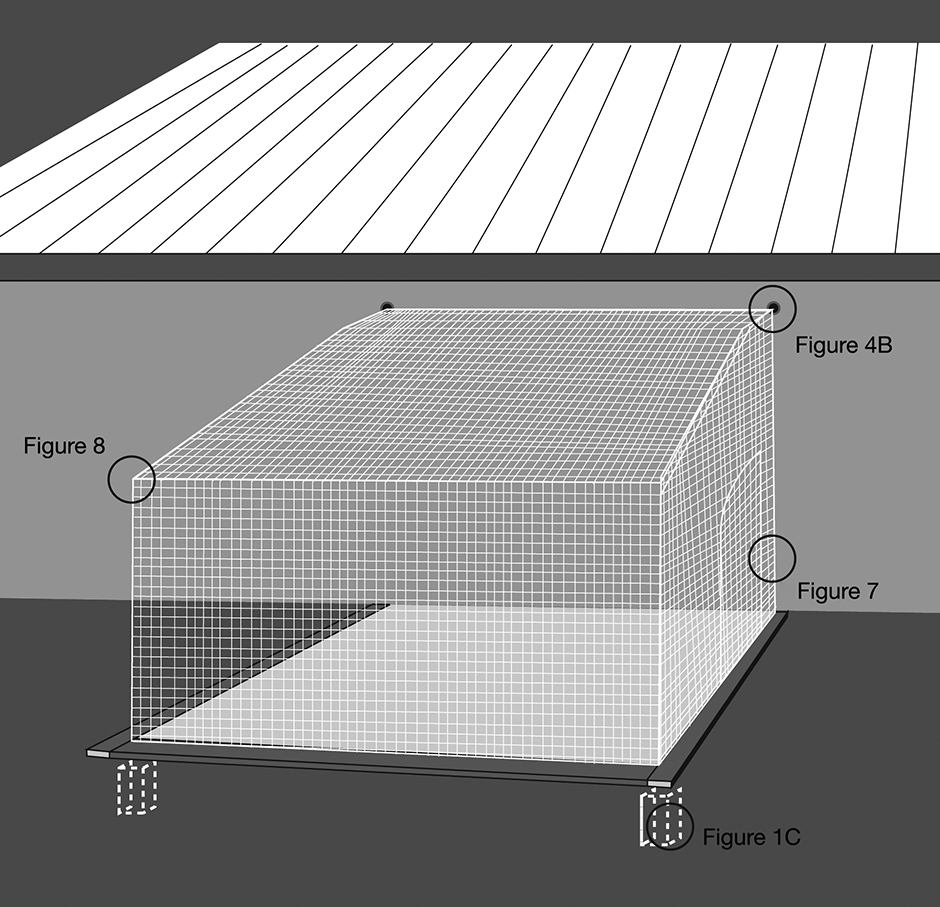 Diagram of lightweight fat enclosure next to a house using flexible netting and a sewn in door 