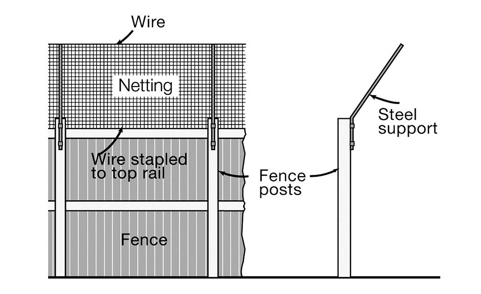 Diagram showing steel support attached to fence and the netting and wire stapled to the top rail 