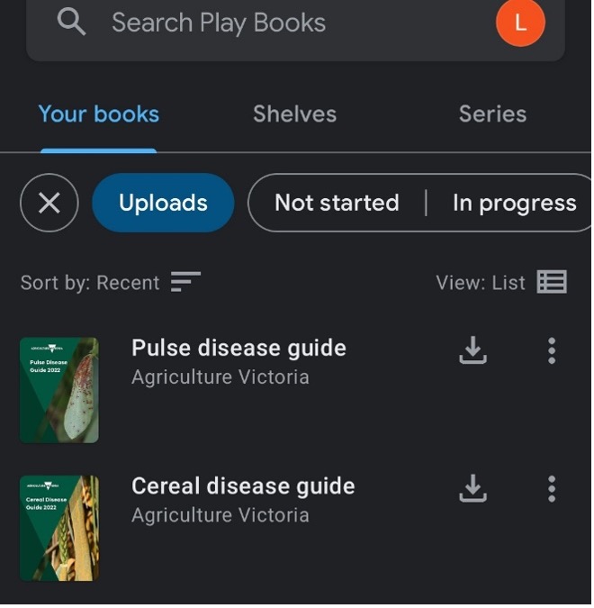 View eBooks in library showing Cereal Disease Guide and Pulse Disease Guide