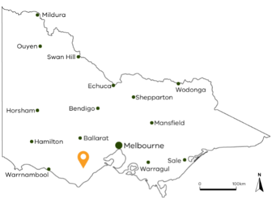 Map showing the location of the farm, west of Geelong and south of Ballarat in Victoria, Australia.