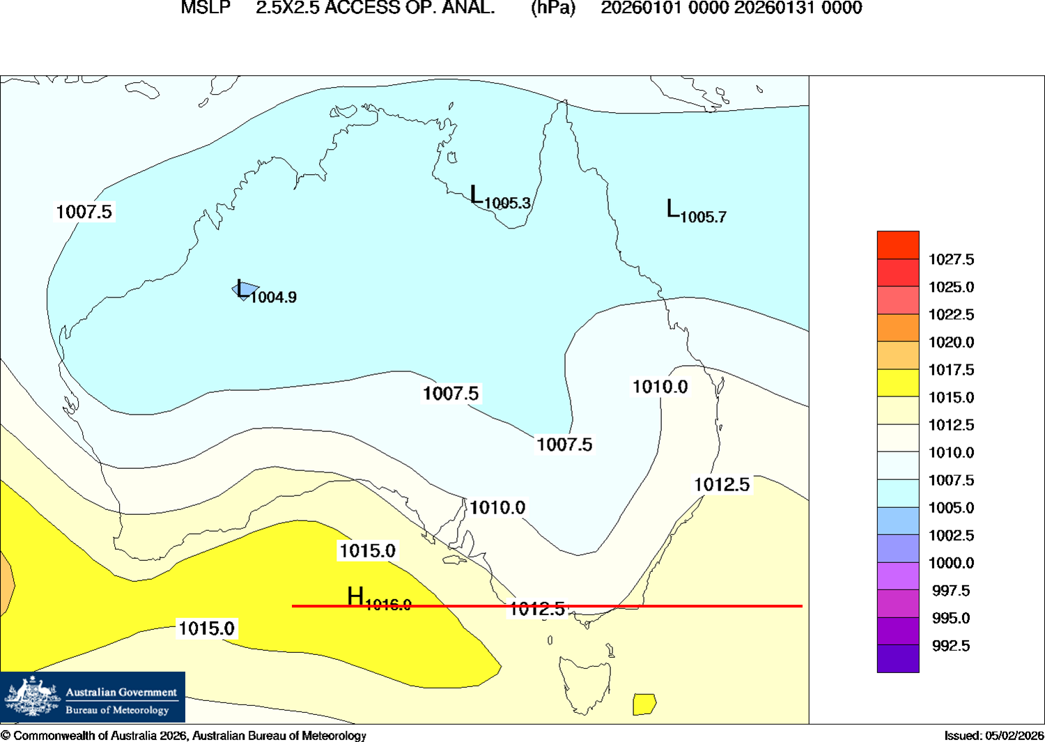 Map of the world showing the STR of high pressure is centred over Melbourne.