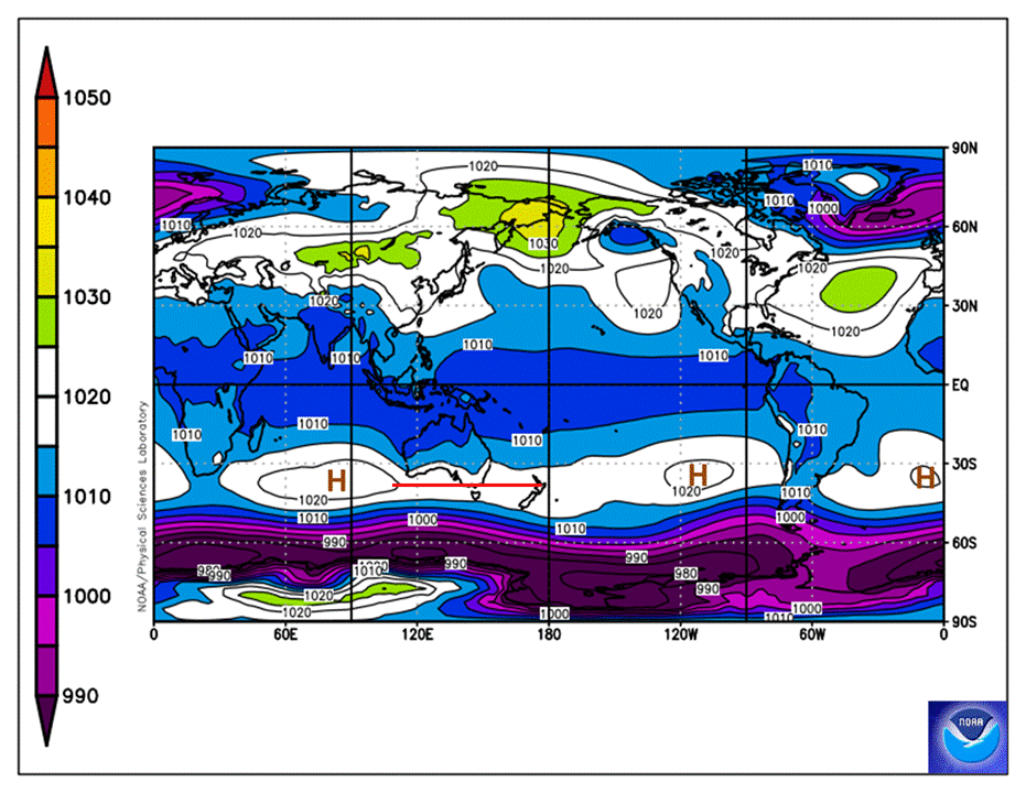 Map of the world showing the STR of high pressure was centred over Melbourne.