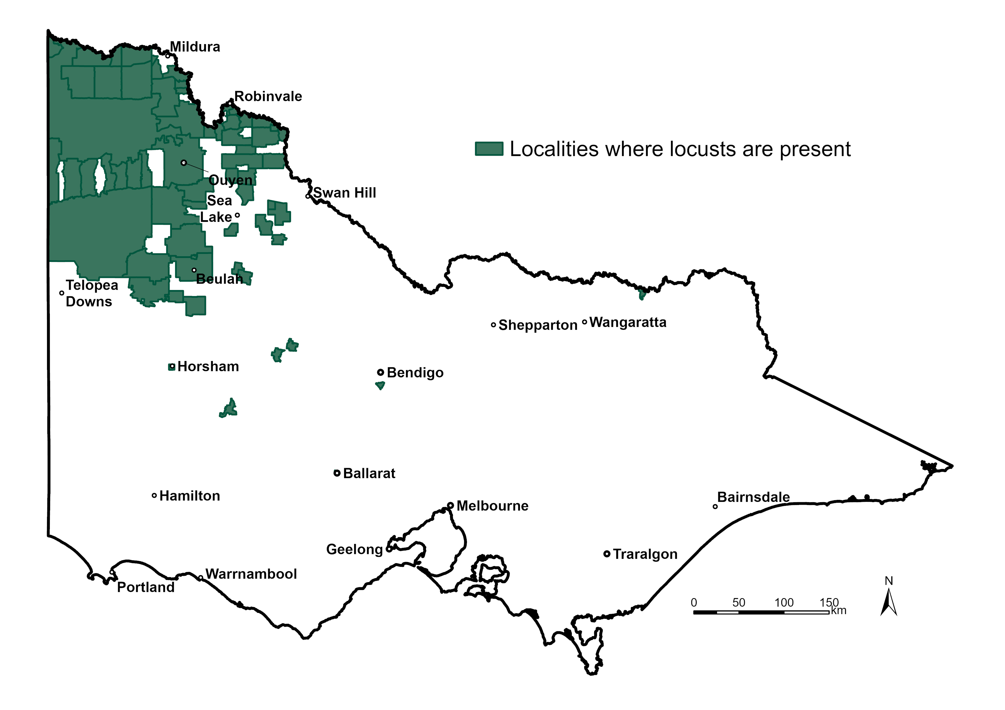Map of localities where Australian plague locusts have been reported or detected to Agriculture Victoria Map of Victoria showing locust activity concentrated across the north-west, particularly the Mallee and northern Wimmera, with a small number of isolated areas of activity further south and east.