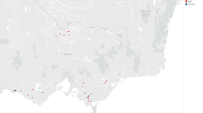 Map of Victoria showing 7 case herd investigations in northern dairy region, 6 case herd and 3 control herd investigations in southwest dairy region and 10 case herd and 2 control herd investigations in south east dairy region