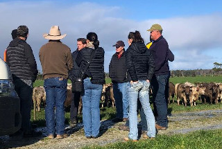 9 group members having a discussion in a paddock