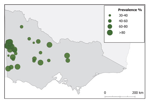 Map of Victoria showing lines with 30% contamination - most prevalent in the far west of the state.