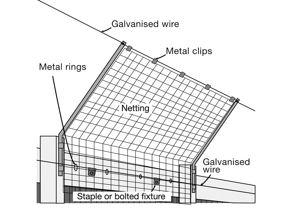 Diagram showing galvanised wire stapled or bolted to the fence with netting attached and galvanised wire along the edge held with metal clips