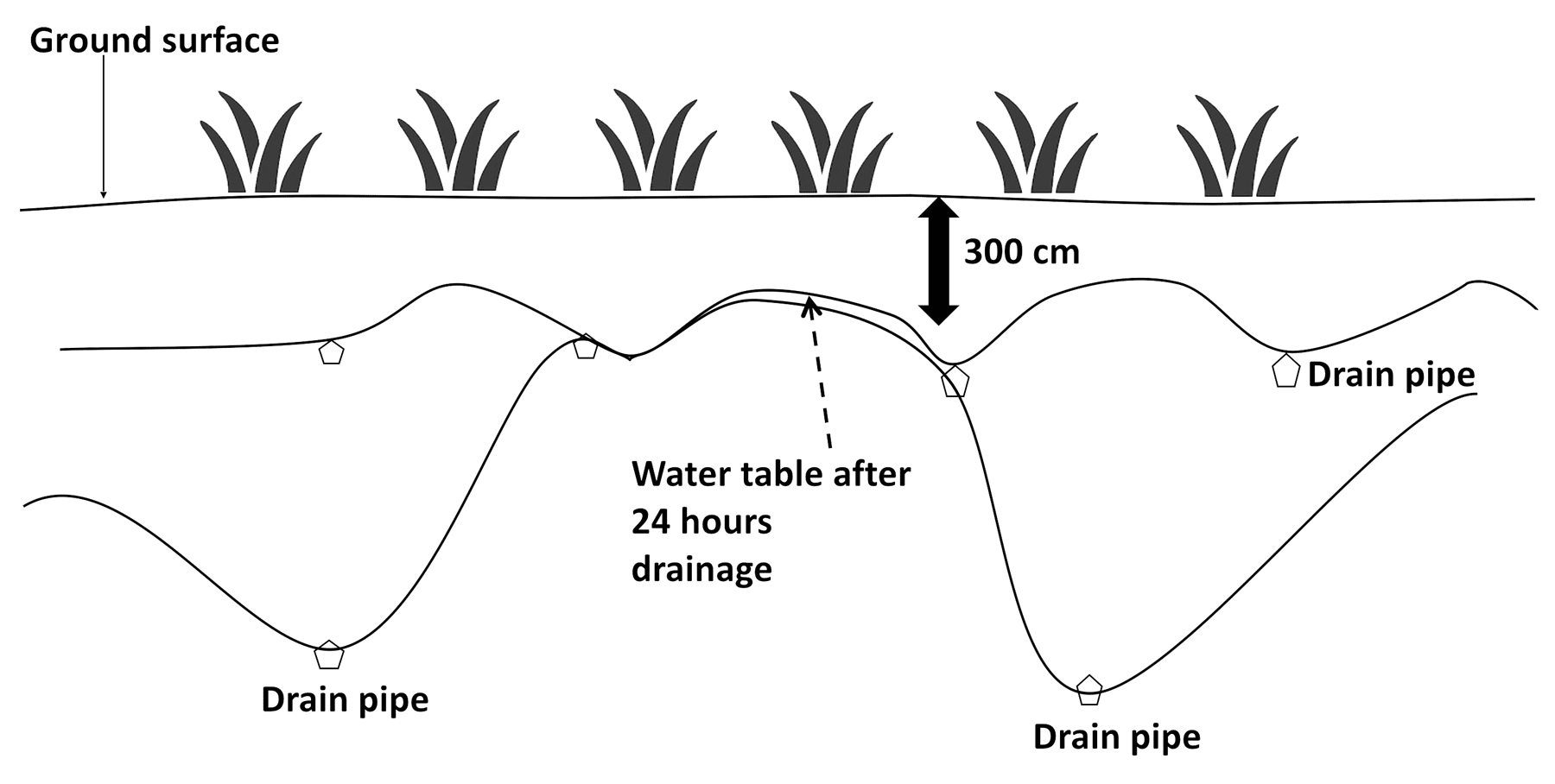 Diagram showing ground surface and placement of drain pipes. The diagram indicates that the water table should be at least 300 mm below ground surface after 24 hours drainage.