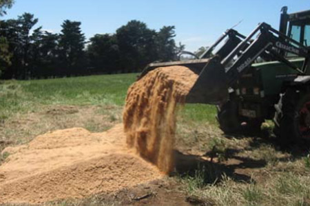 Tractor with bucket tipping saw dust on the ground