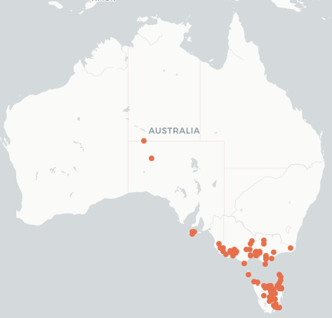 Map of australia showing the distribution of O. posticus in SE SA, southern Vic and Tasmania with 2 sightings in NT