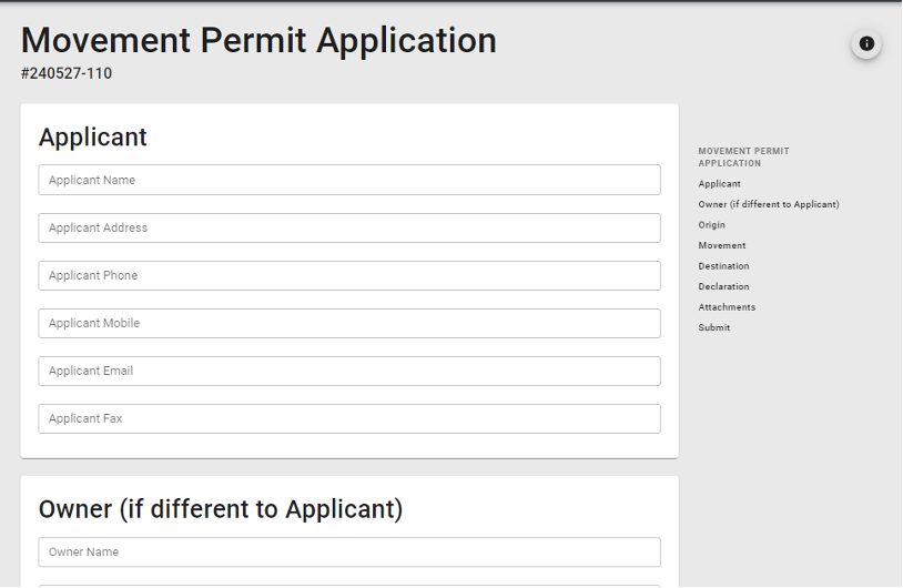 On the Movement Permit Application screen you can enter your details including name, address, phone, mobile, email and fax.