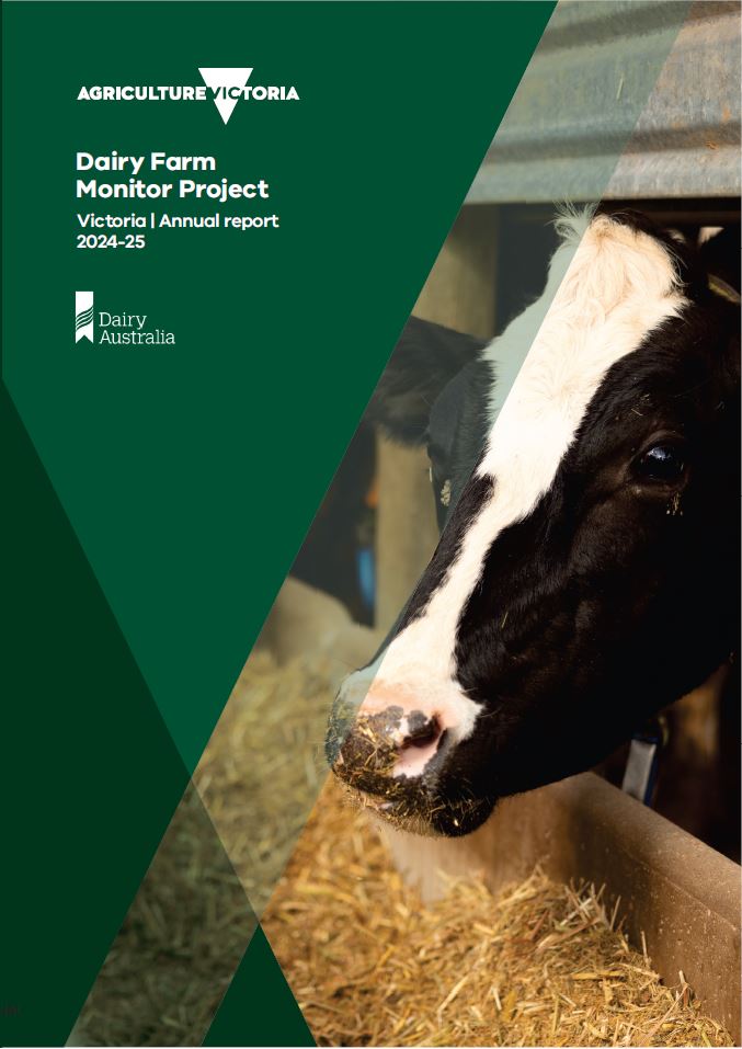 The report cover shows a cow eating hay from its stall overlaid by a geometrical motif in shades of green. At the top is the Agriculture Victoria logo. Below is the title ‘Dairy Farm Monitor Project Victoria | Annual Report 2024–25’, followed by the Dairy Australia logo.