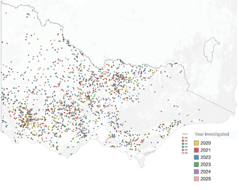 Map of Victoria showing sites of clinical sheep investigations between 2020 and 2025, coloured by incident year.