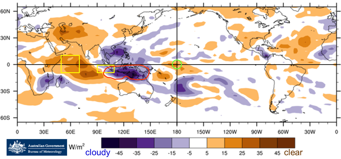 Map of the world showing cloud at the junction of the dateline is slightly less than normal. An area of much greater cloud exists across northern Australia.