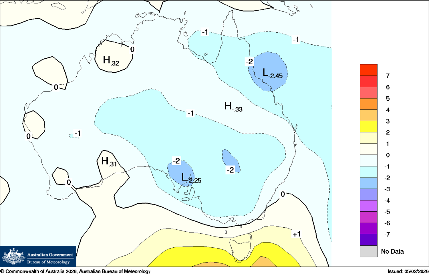 Map of the world showing lower pressure over south-east Australia.