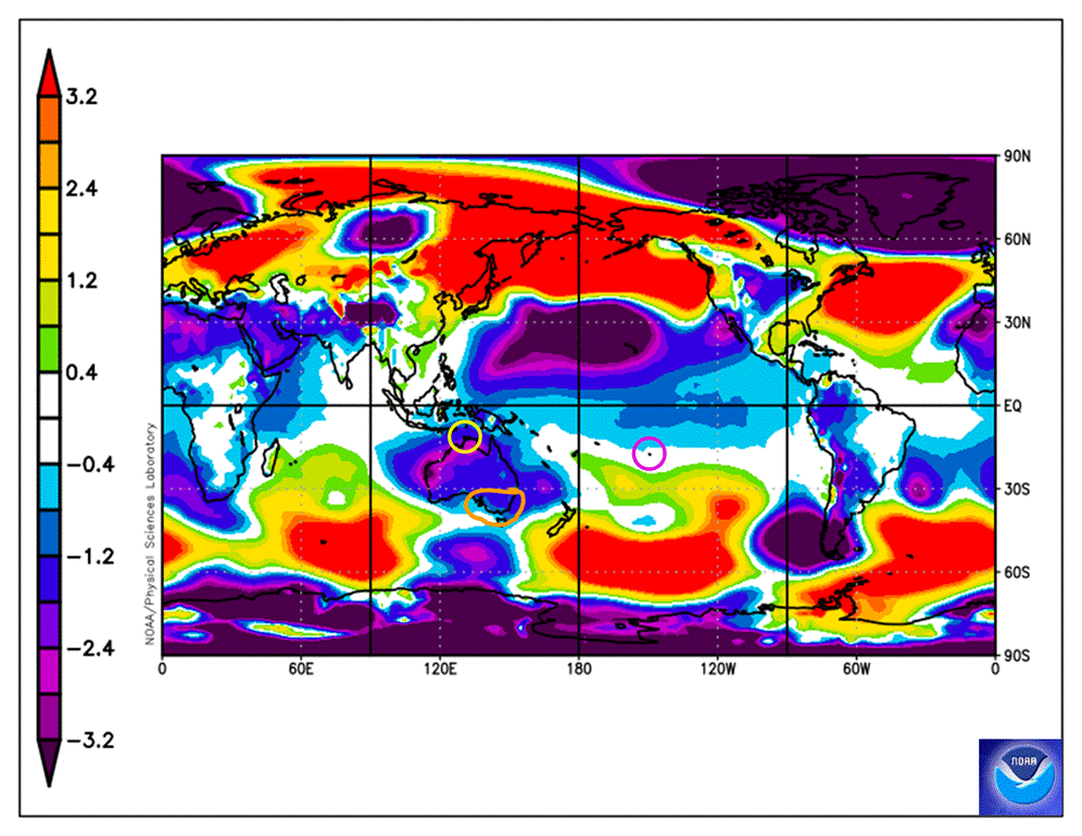 Map of the world showing lower pressure over south-east Australia.