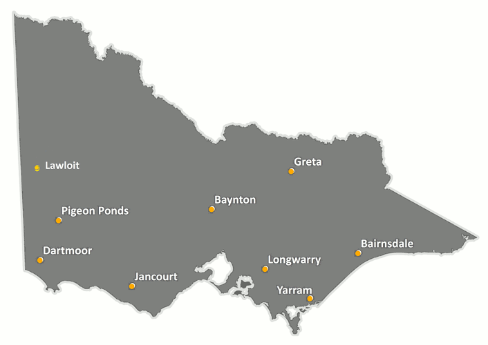 Map of Victoria showing soil moisture probe sites, list of towns to follow