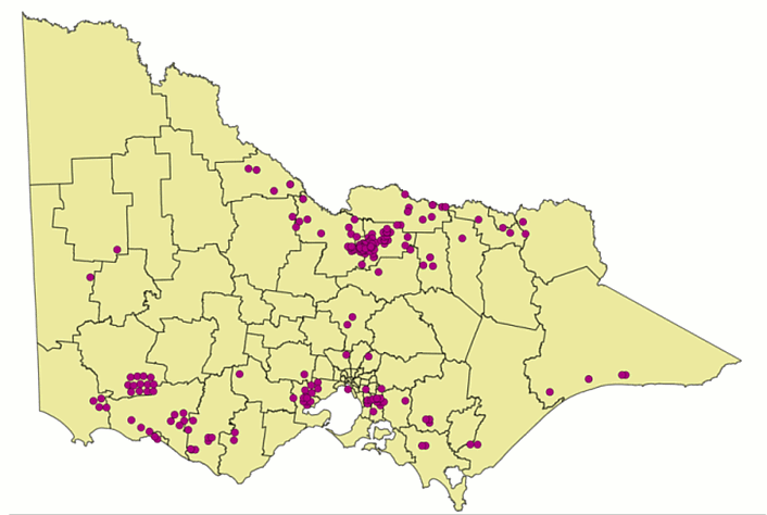 Map of anthrax cases in Victoria between 1914 and 2009. The cases are shown to be mostly in northern Victoria, as well as showing cases in south western Victoria, outer south east and south west Melbourne and some cases in Gippsland