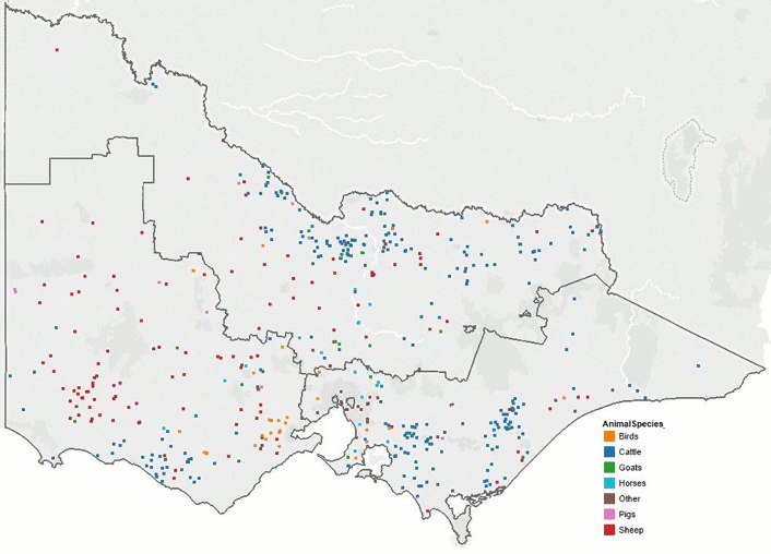 Map of Victoria that shows the locations of the 322 animal disease field investigations. 