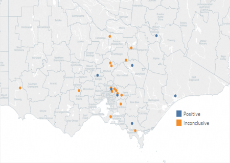 Map of Victoria that shows the following shires each had one positive Ross River virus case