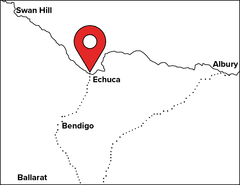 Section of Victorian map with Echuca highlighted which is situated on the Victorian border between Albury and Swan Hill, north of Bendigo
