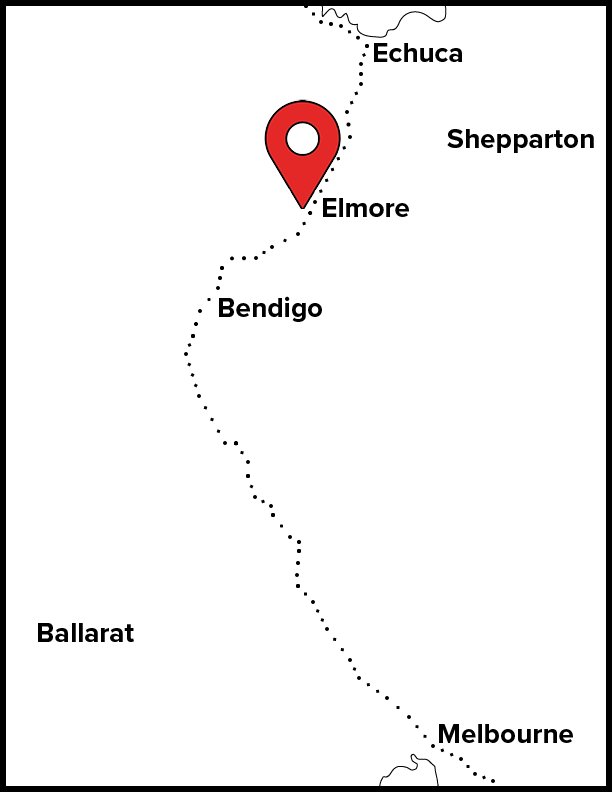 Section of Victorian map highlighting Elmore on the road from Bendigo to Echuca in the north of the State