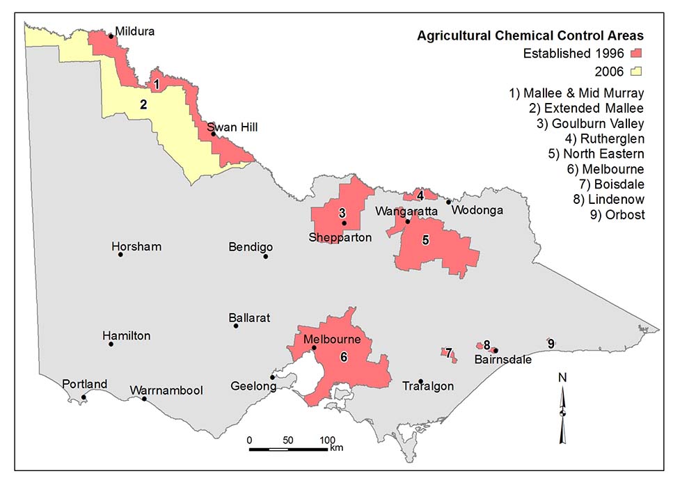 Map of Victoria, Australia containing detail about the Chemical Control Areas. The Chemical Control Areas were established in 1996 and in 2006 an additional area was included.  The areas listed are: 1. Mallee and Mid Murray, 2. Extended Mallee, 3. Goulburn Valley, 4. Rutherglen, 5. North Eastern, 6. Melbourne, 7. Boisdale, 8. Lindenow and 9. Orbost. 