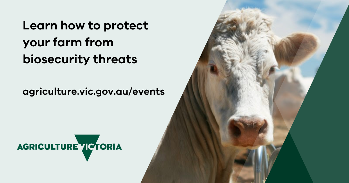 Learn how to protect your farm from biosecurity threats agriculture.vic.gov.au/events