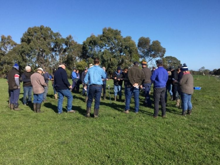 Photo of a group of people listening to a talk in a field