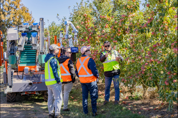 Four people in hi-vis vests looking at ag tech in use in an orchard at the Tatura SmartFarm.