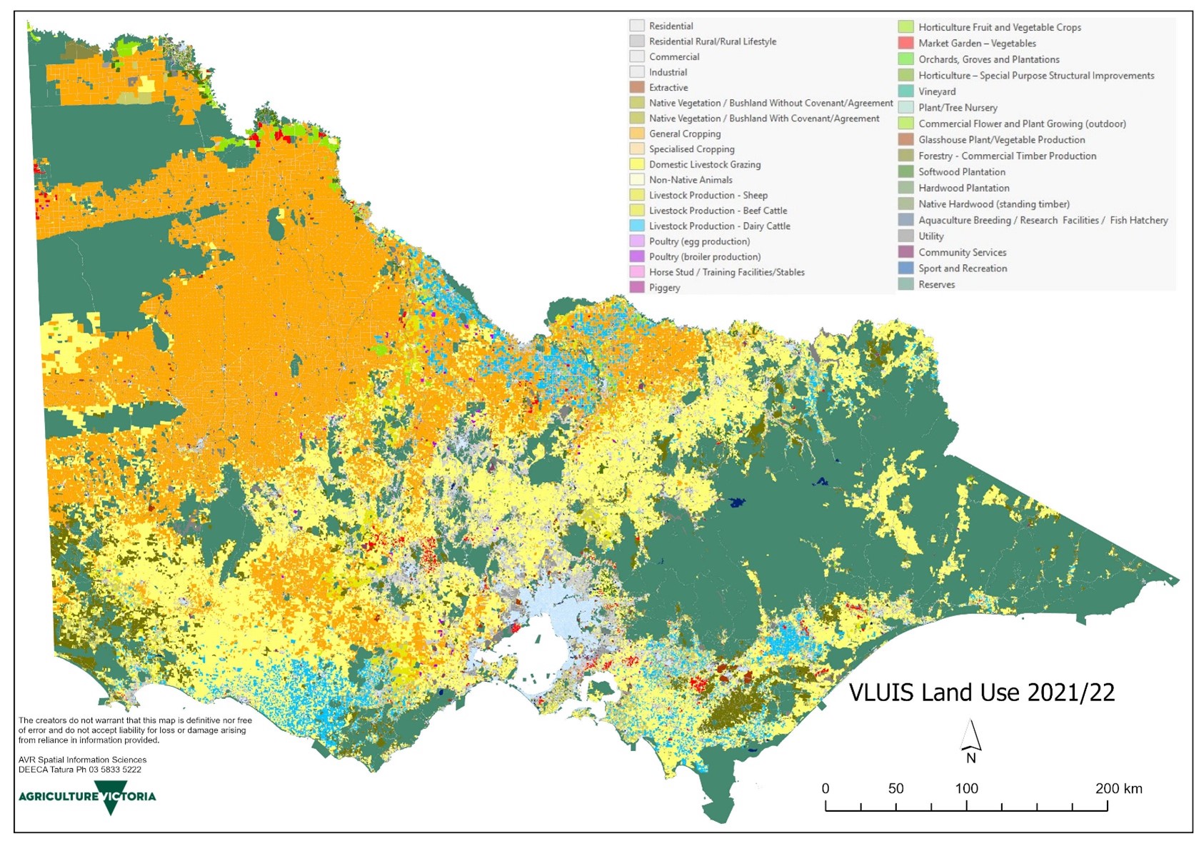 Map of Victoria demonstrating land uses around the state. Victoria has 18 different land uses. Eastern Victoria is dominated by reserves (i.e. forests on public land) and livestock grazing; North West Victoria by general cropping; South West Victoria by livestock grazing and dairy cattle production.
