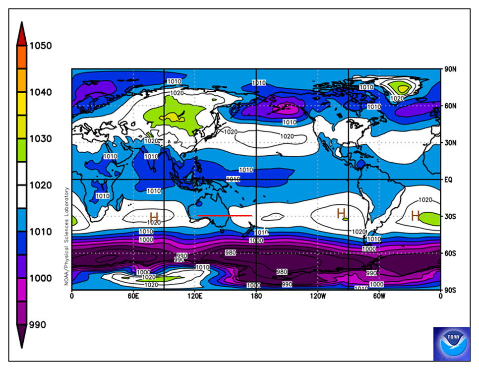 Map of the world showing the STR of high pressure is centred north of the Bight.