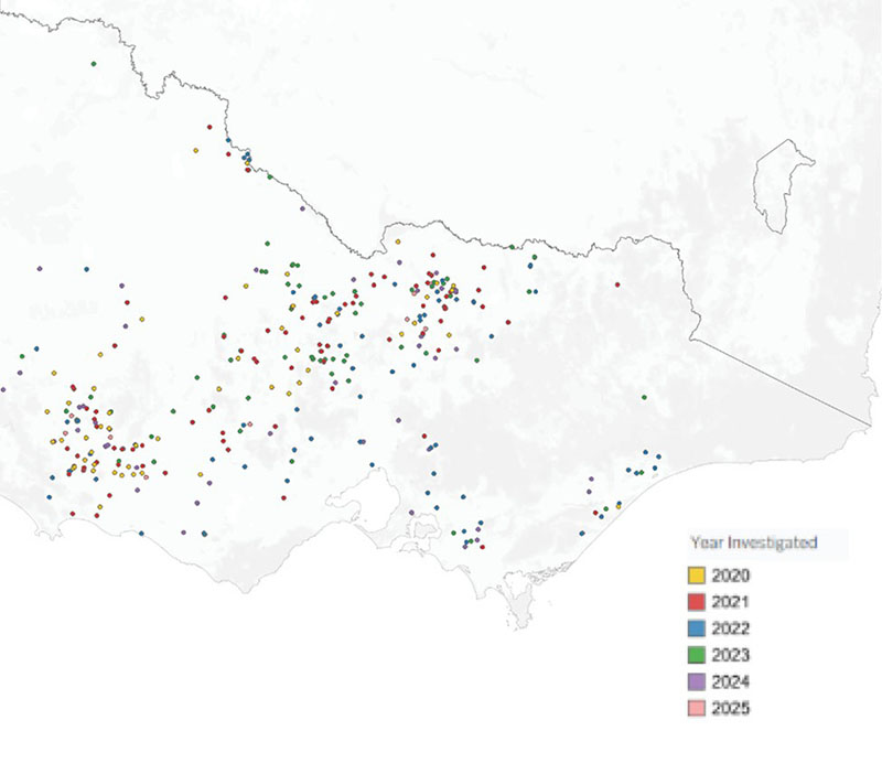 Map of Victoria showing sites of EAD exclusions in sheep between 2020 and 2025, coloured by incident year.