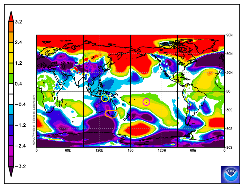 Map of the world showing lower pressure over southeast Australia.