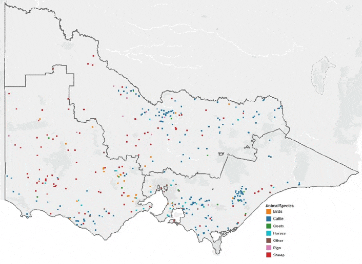 Map of Victoria that shows that there is good spatial coverage of disease investigations across all the livestock producing areas of Victoria