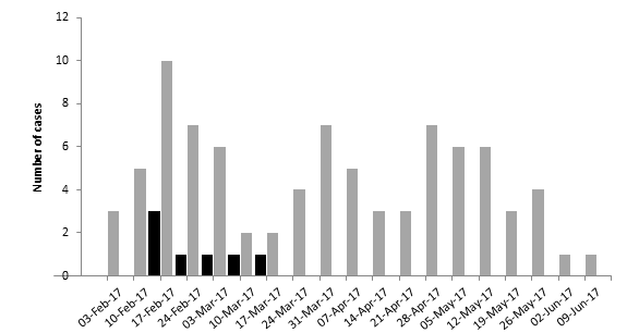 Bar graph that shows the 7 positive cases of Ross River virus were confirmed between 11 February and 15 March 2017