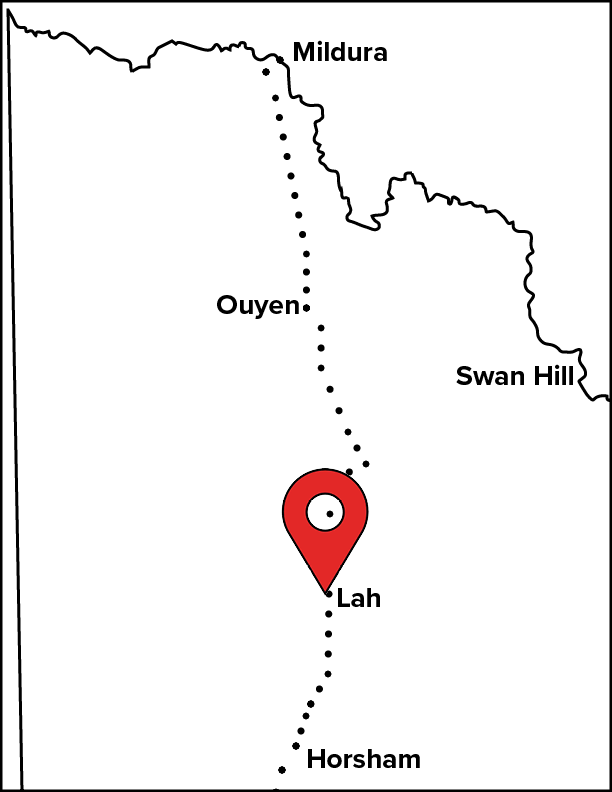 Section of Victorian map showing the location of Lah, situated between Horsham and Ouyen on the road to Mildura