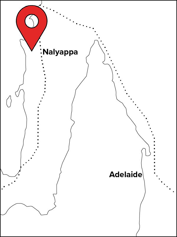 Section of South Australian map highlighting Nalyappa, north west of Adelaide