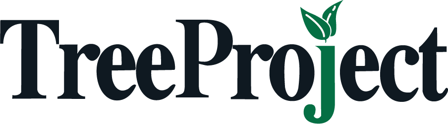Image of the word Tree and Project with no space between them and the j in the word Project includes two leaves in replacement of the dot above the 'i'.