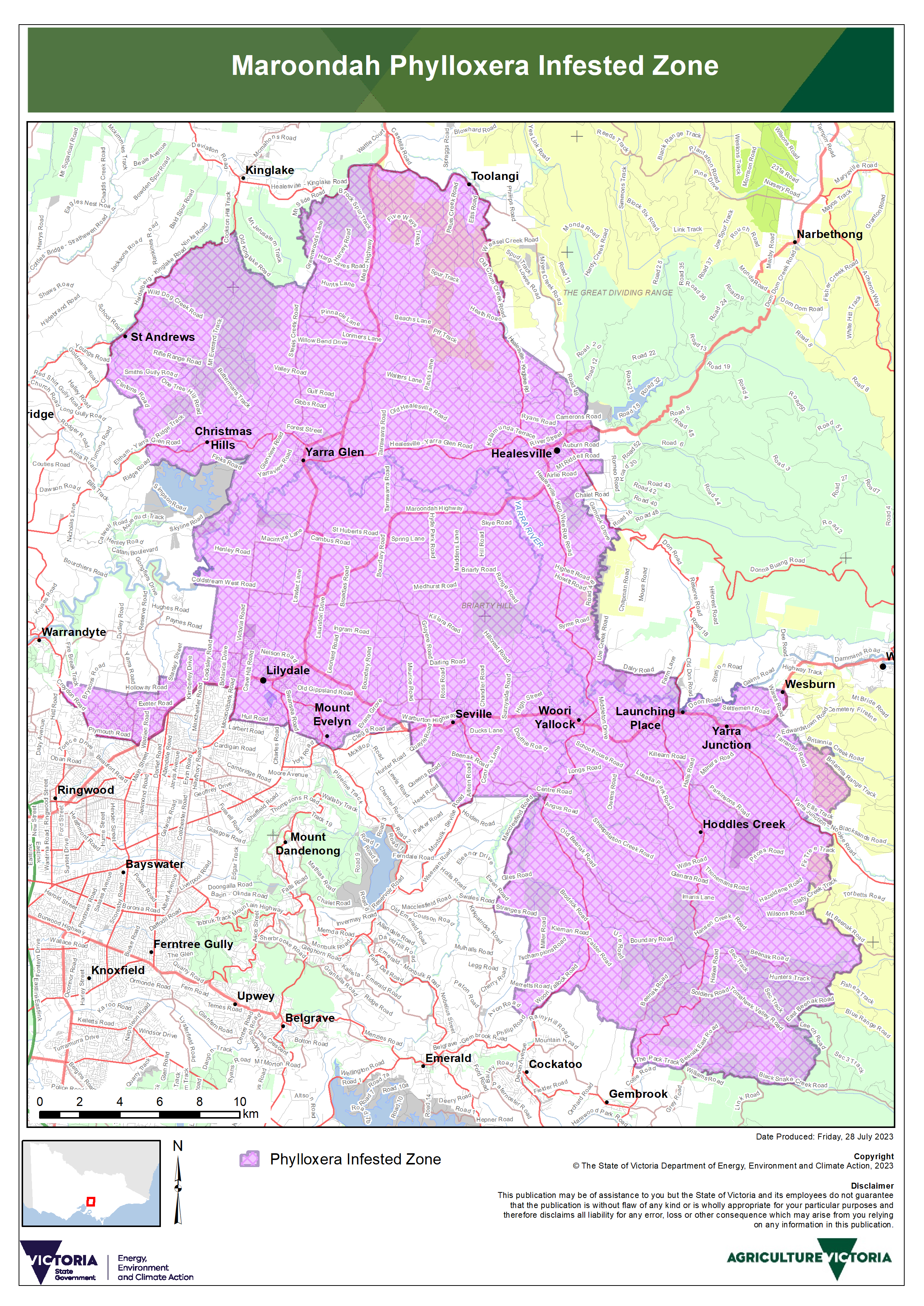 A map showing Maroondah Phylloxera Infested Zones as of July 2023 