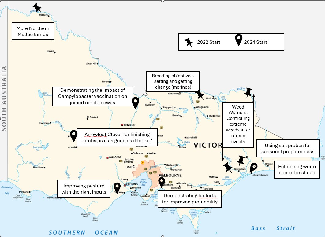 Map showing 10 producer demonstration sites across Victoria, 5 of them started in 2022, the other 5 in 2024.