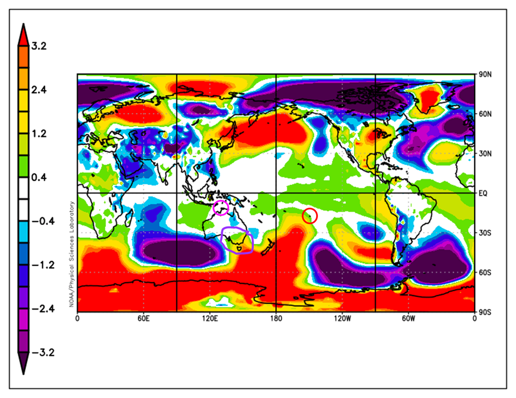 Map of the world showing slightly higher pressure over Victoria and lower pressure west of the state.