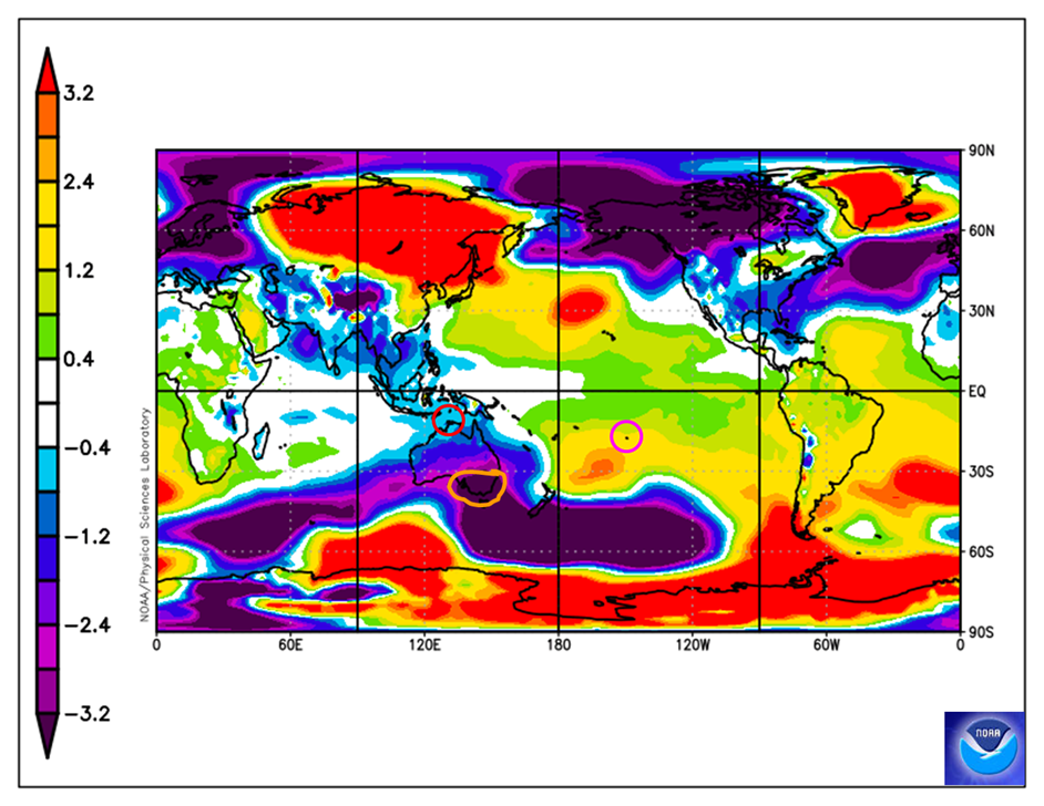 Map of the world showing lower pressure over Australia.