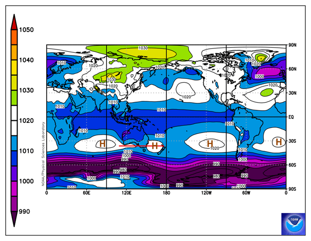 Map of the world showing the STR of high pressure was centred over Bendigo.