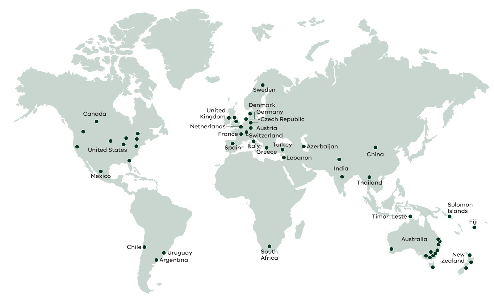 Outline map showing sites of partnerships. In Australia, there are 12. Internationally, there are 3 in New Zealand, one in the Solomon Islands, one in Timor-Leste, one in Thailand, one in China, 2 in India, one in Azerbaijan, one in Lebanon, one in Turkay, one in Greece, one in Italy, one in Switzerland, one in Austria, one in Czechia, one in Germany, one in Denmark, one in Sweden, one in France, one in Spain, 3 in the UK, one in South Africa, one in Argentina, one in Uruguay, one in Chile, one in Mexico, two in Canada and 8 in the US.