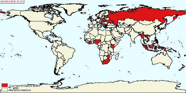 Map of the world with some countries in red. The red countries show where there is African Swine Fever outbreaks  