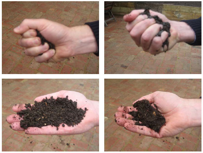 Physical condition of compost,  4 images  of hands — 2 of the images show palms filled with soil. 2 images show palms squeezing soil  