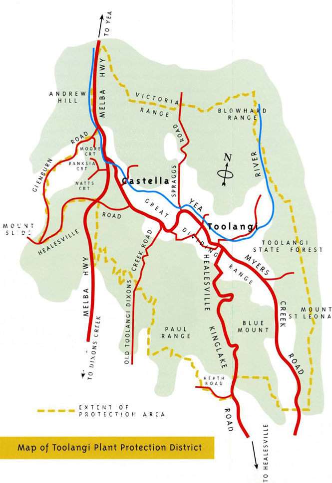 Map of Toolangi Plant Protection District, a roughly 10km radius zone around the township of Toolangi, west of Kinglake.