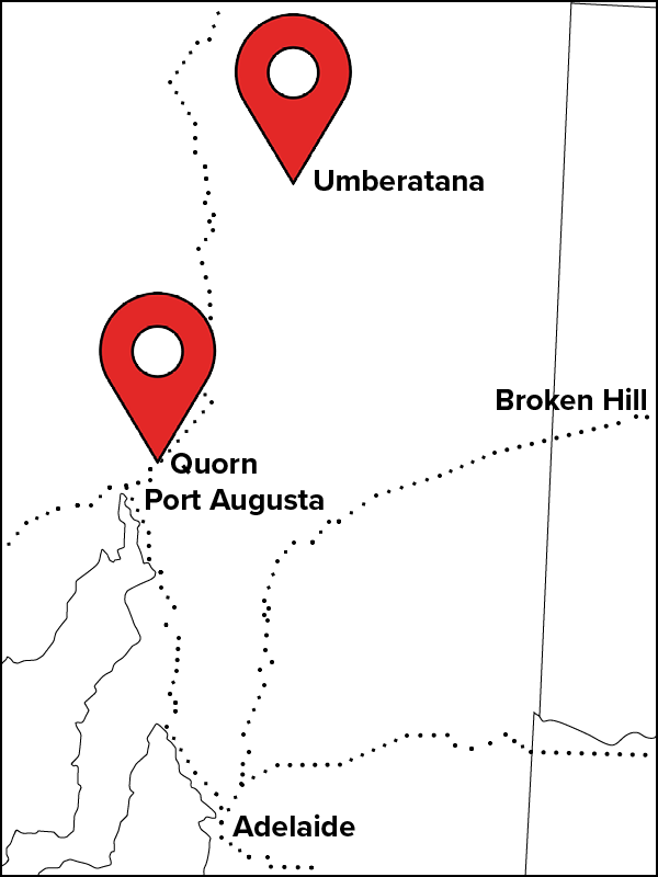 Section of South Australia map north of Adelaide, showing Quorn just near Port Augusta in the Flinders Ranges and Umberatana Station in the north east pastoral area further north of Port Augusta and Broken Hill.