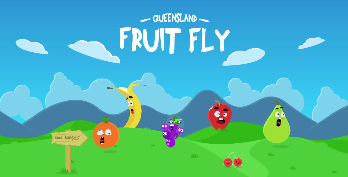 Cartoon orange, banana, grapes, apple, pear and cherries with frightened expressions on a grassy landscape next to a Yarra ranges sign.